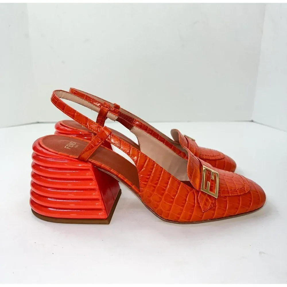 FENDI Orange Rust Runway Croc Effect FF Logo Buckle Slingback Pumps Size… - Picture 5 of 16